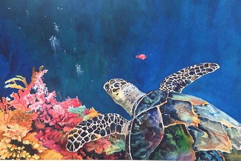 Turtle And Coral Reef Original Watercolor Medeiros Fine Art