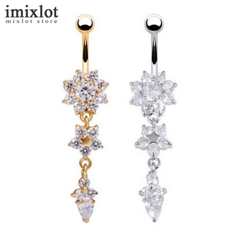 Imixlot 2pcs Sexy Crystal Flower Dangle Navel Belly Button Rings