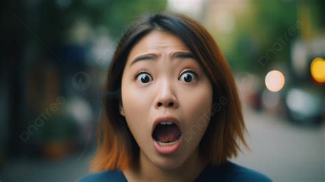 Asian Woman With A Huge Shocked Face That Looks Like A Face Of Utopian Future Background A
