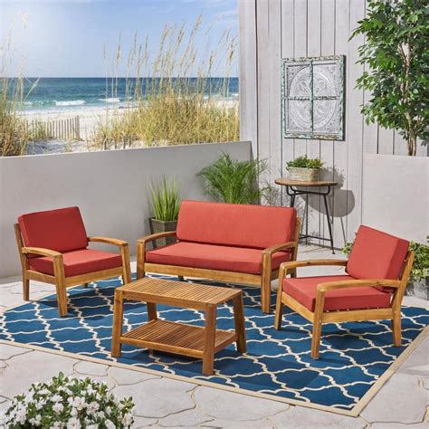 Noble House 4 Piece Wood Patio Conversation Set With Red Cushions 55281