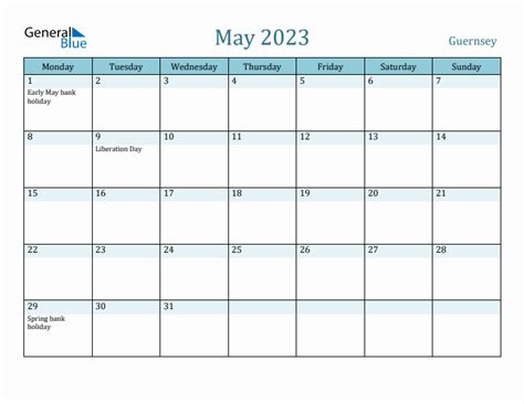 May 2023 Guernsey Monthly Calendar With Holidays