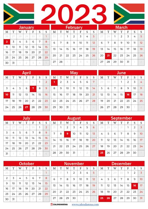 2023 Calendar South Africa With Public Holidays Red Calendar Uk