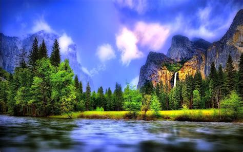 Beau paysage rivière forêt cascades montagnes Fonds d écran
