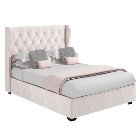 Safina Diamante Wing Back Bed In Light Pink Velvet Oxford Beds