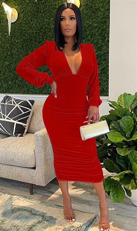 Gobles Womens Sexy Deep V Neck Long Sleeve Ruched Bodycon Midi Party Dress