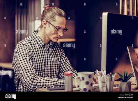 Concentrated Male Person Typing Text On His Computer Stock Photo Alamy
