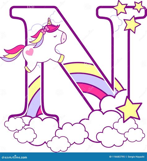 Initial N With Cute Unicorn And Rainbow Stock Vector Illustration Of Horn Decorative 116683795