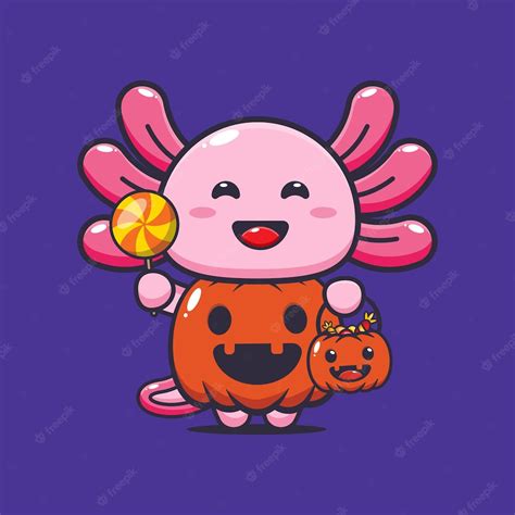 Premium Vector Cute Axolotl With Halloween Pumpkin Costume Cute