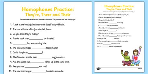 There Their And Theyre Homophones Practice Worksheet Twinkl