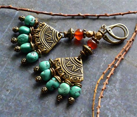 Brass Fan Chandelier Dangle Earrings Genuine Turquoise Carnelian Boho