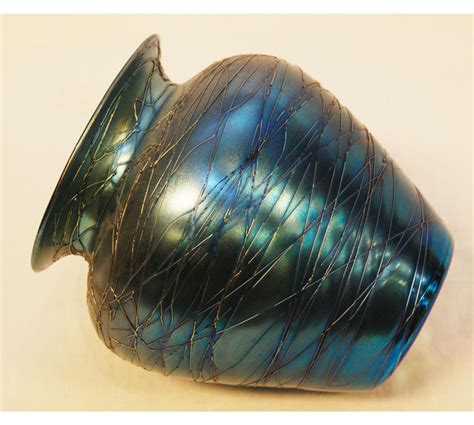 Durand Blue Iridescent Art Glass Threaded Vase