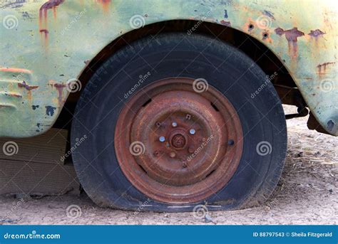 Flat Tire On Old Rusted Car Stock Image Image Of Wheel Worn 88797543