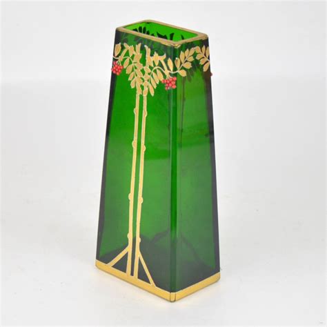Art Nouveau Vase Gilt And Enamelled Green Crystal Vase With Red Berries Decoration Circa 1900