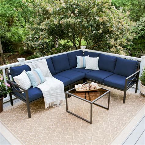 leisure made blakely black 5 piece aluminum outdoor sectional set with navy cushions 502987 nvy