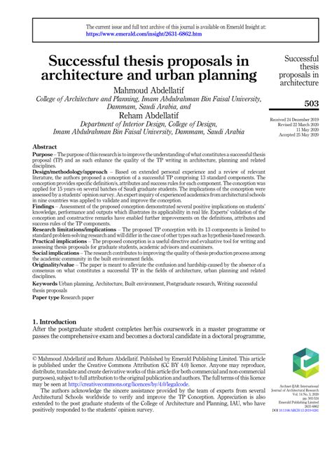 Pdf Successful Thesis Proposals In Architecture And Urban Planning
