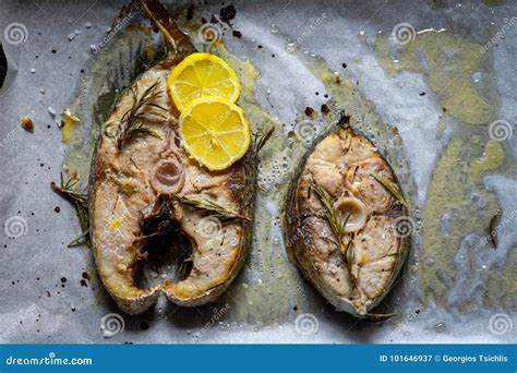 Grilled Yellowtail Amberjack With Lemon Slices Stock Image Image Of