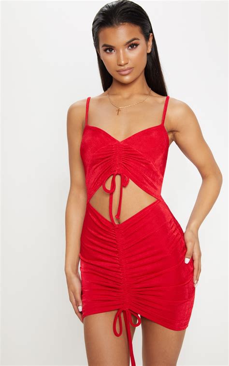 Red Sleeveless Ruched Cut Out Bodycon Dress Prettylittlething Ksa