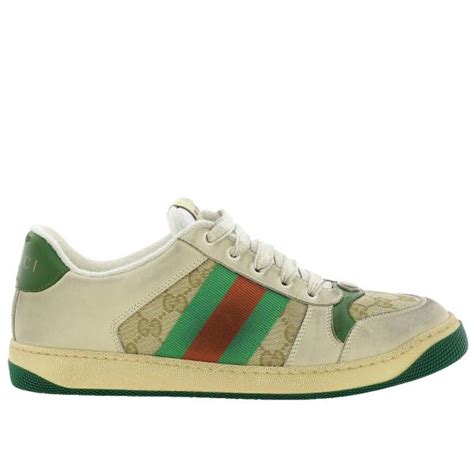 Gucci Screener Sneakers In Vintage Leather With Web Straps And Gg