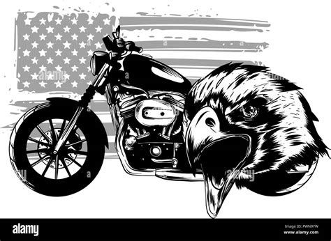 Hand Drawn And Inked Vintage American Chopper Motorcycle With American