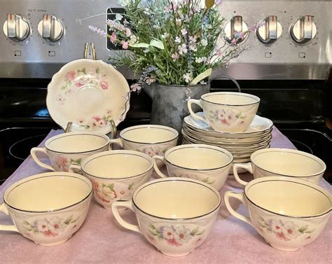 Homer Laughlin Virginia Rose Fluffy 10 Coffee Tea Cup Saucer Set 1950s