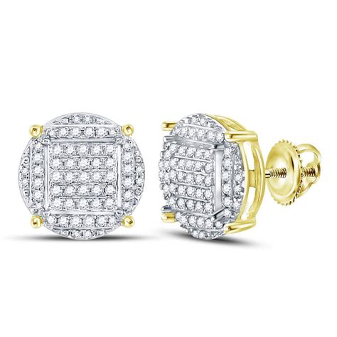 Gnd Kt Yellow Gold Mens Round Diamond Circle Cluster Stud Earrings