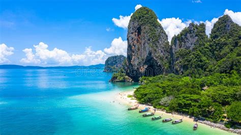 Aerial View Phra Nang Cave Beach With Traditional Long Tail Boat On Ao