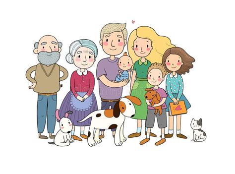 Familia Feliz Padre Madre Abuela Abuelo Y Niños Con Un Animal