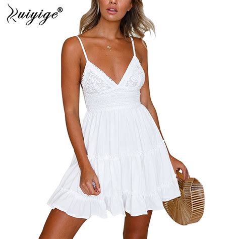 Ruiyige Sexy Deep V Backless Solid Summer Dress Lace Patchwork Casual Spaghetti Strap Women
