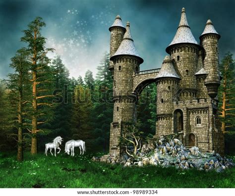 Fantasy Castle White Unicorns On Green Stock Illustration 98989334