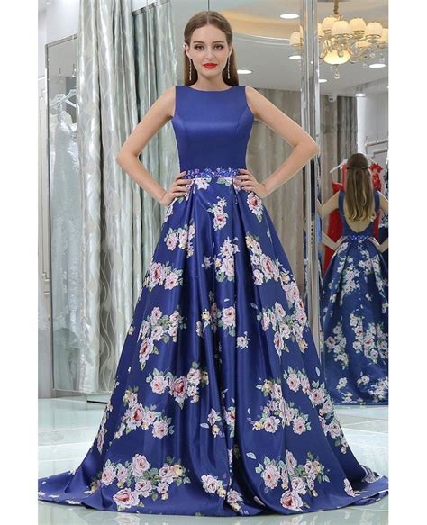 Floral Printed Royal Blue Beaded Satin Evening Gown For Prom Girls B007