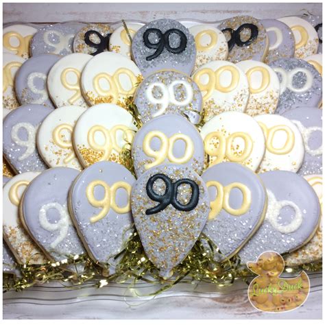 90th Birthday Ballon Cookies In Silver And Gold Decorated Sugar Cookies