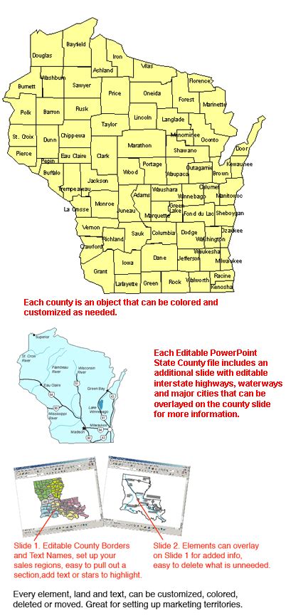 Wisconsin Editable Us Detailed County And Highway Powerpoint Map Maps