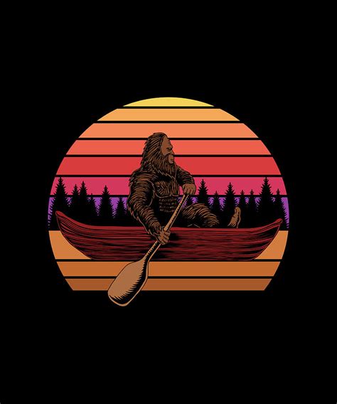 Bigfoot Canoe Sunset Retro Illustration Sasquatch Digital Art By Norman