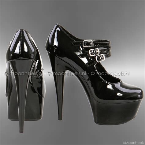 Stylish Black Patent High Heels With Platform And Instep Straps Moonheels