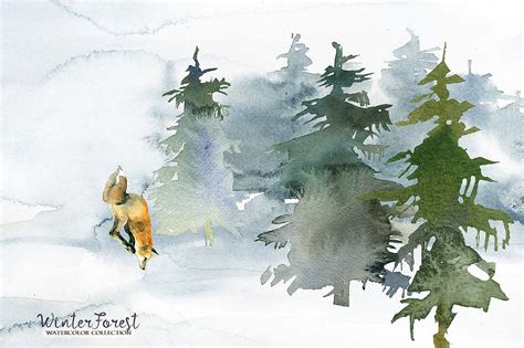 Winter Forest Watercolor Clipart Pine Trees Animals
