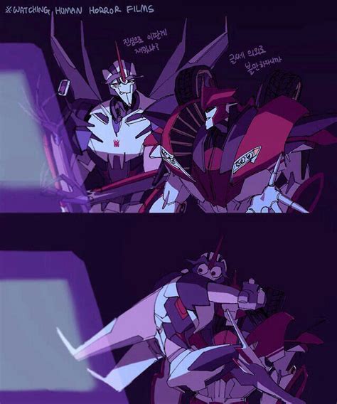 Starscream And Knockout Watching Human Horror Films Transformers Artwork Transformers
