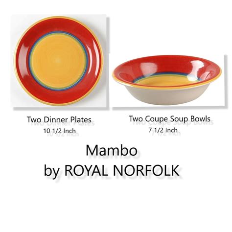 Four Pieces Of Mambo By ROYAL NORFOLK Red Rim Yellow Two Dinner Plates