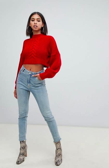 Missguided Balloon Sleeve Cable Knit Cropped Sweater