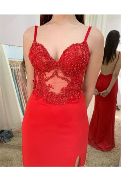 Illusion Sweetheart Neck Backless Spaghetti Red Prom Dresses With Sweep