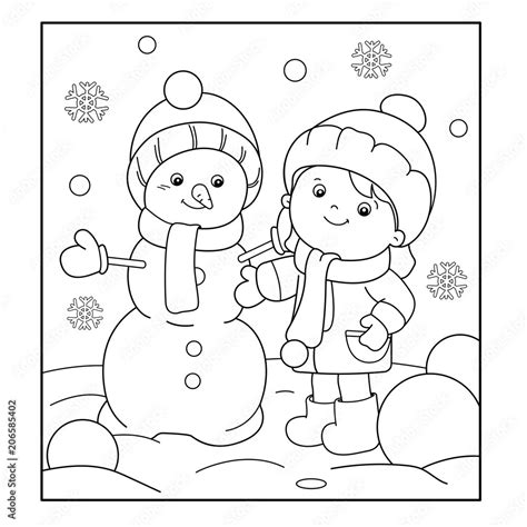 Coloring Page Outline Of Cartoon Girl Making Snowman Winter Coloring