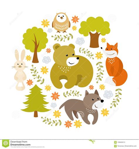 Cute Cartoon Forest Animals Vector Illustration Stock Vector