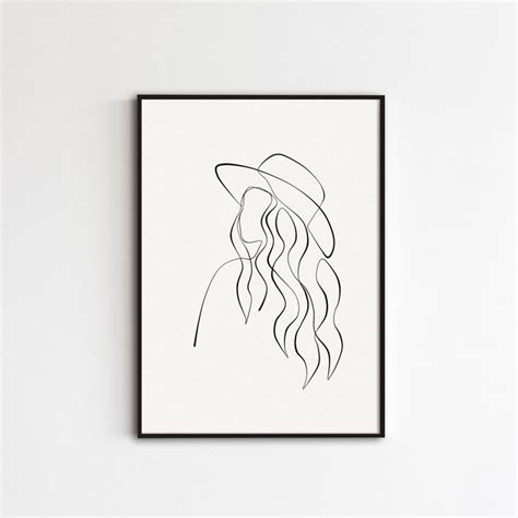 Woman In Hat One Line Art Boho Woman Poster Continuous Line Art Wide