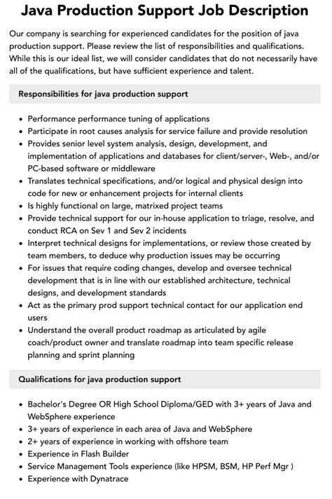 Java Production Support Job Description Velvet Jobs