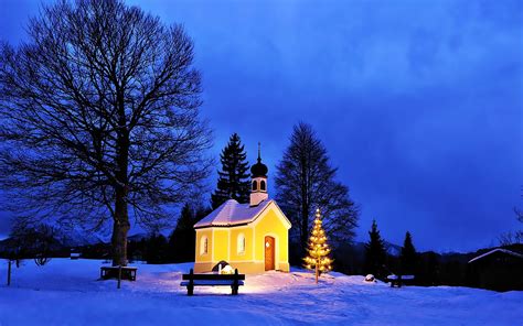 Church On Winter Night Hd Wallpaper Background Image