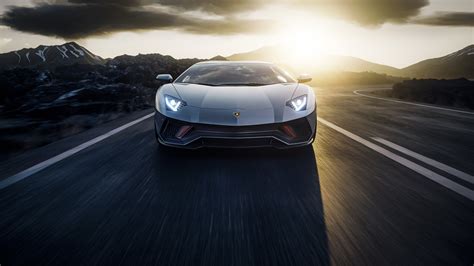 K Lamborghini Aventador LP Sunset Motion Blur Vehicle Road Silver Cars
