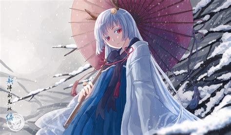 วอลเปเปอร์ ผมยาว อะนิเมะ หิมะ ร่ม สีน้ำเงิน ตาแดง ตัวละคร