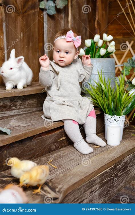 Little Girl Playing With Rabbit Toddler Child Feeding A Pet Bunny