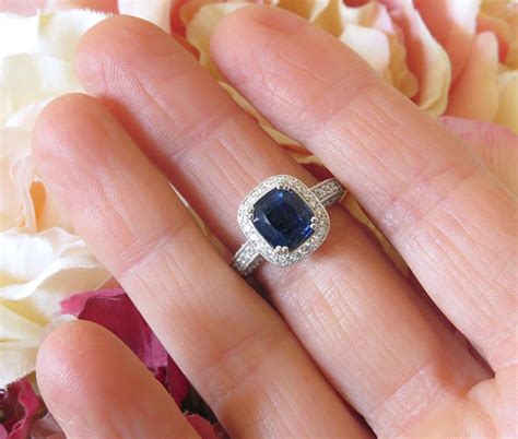 Rare 8mm Cushion Cut Natural Blue Sapphire And Diamond Halo Ring In 18k