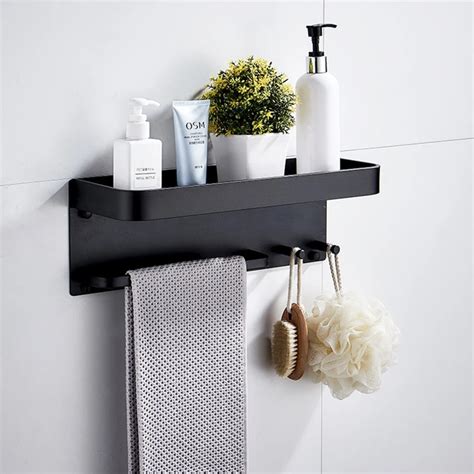 Black Bathroom Shelf With Towel Hooks Everything Bathroom
