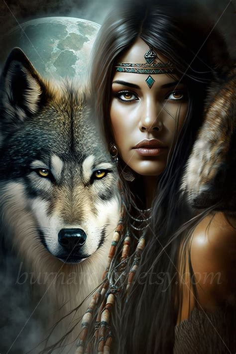 A Woman With Wolf Makeup And Headdress Standing In Front Of A Full Moon